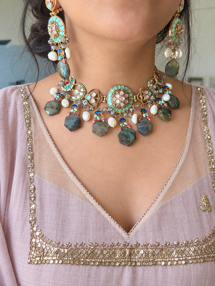 Gulzar Pastel Choker Set with Labradorite and Pearl Drops