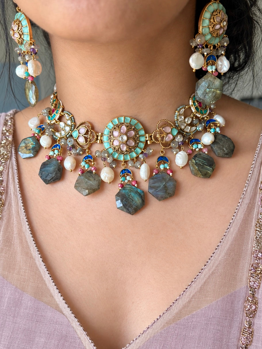 Gulzar Pastel Choker Set with Labradorite and Pearl Drops