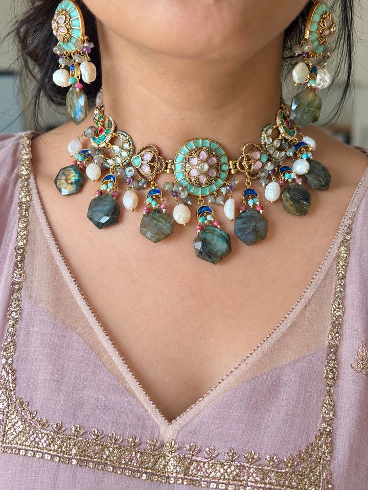 Gulzar Pastel Choker Set with Labradorite and Pearl Drops