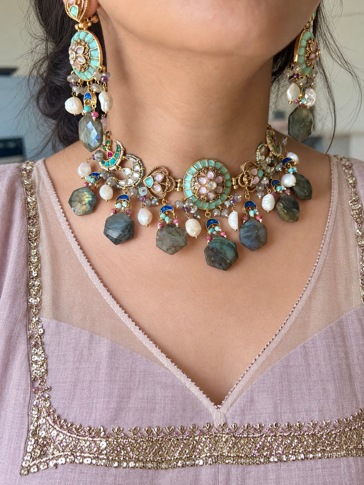 Gulzar Pastel Choker Set with Labradorite and Pearl Drops