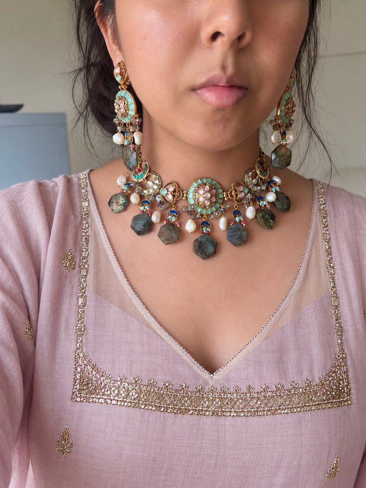 Gulzar Pastel Choker Set with Labradorite and Pearl Drops