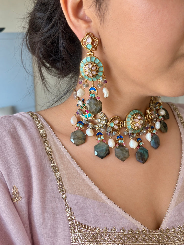 Gulzar Pastel Choker Set with Labradorite and Pearl Drops