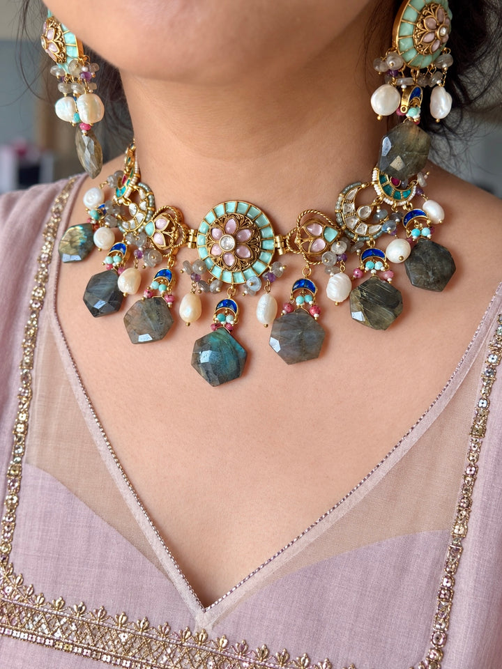 Gulzar Pastel Choker Set with Labradorite and Pearl Drops