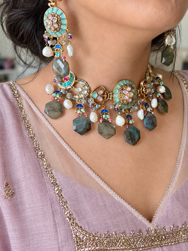 Gulzar Pastel Choker Set with Labradorite and Pearl Drops