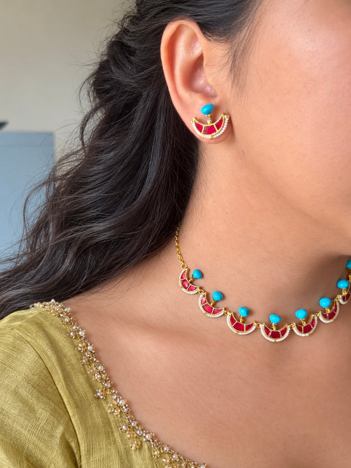 Jadau Turquoise Moon and Pearl Choker Set