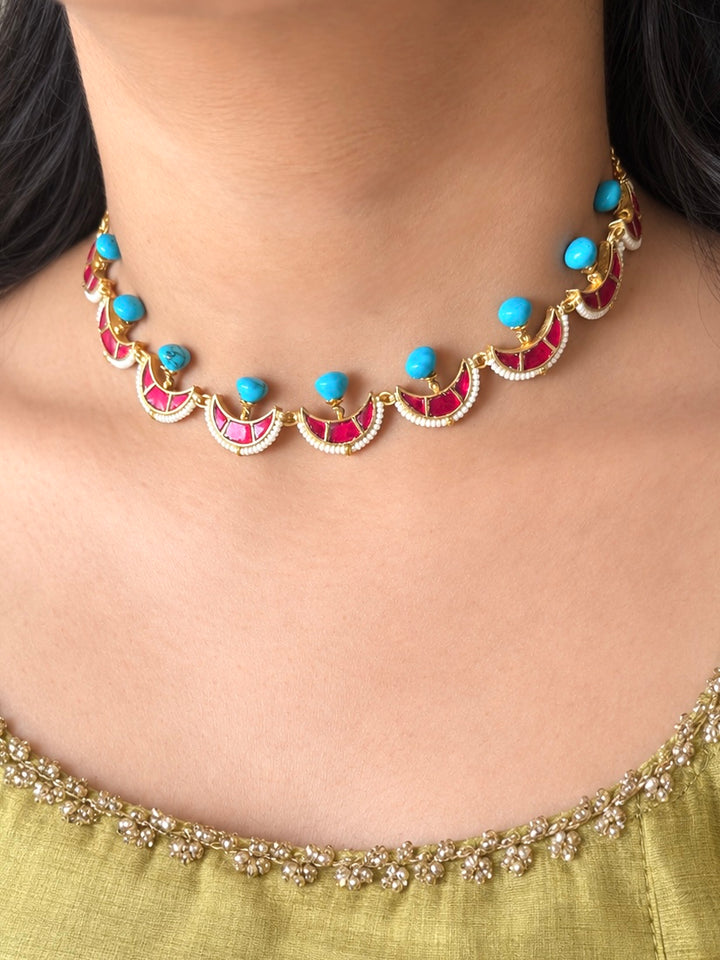 Jadau Turquoise Moon and Pearl Choker Set