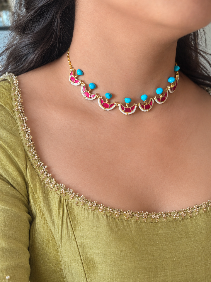 Jadau Turquoise Moon and Pearl Choker Set