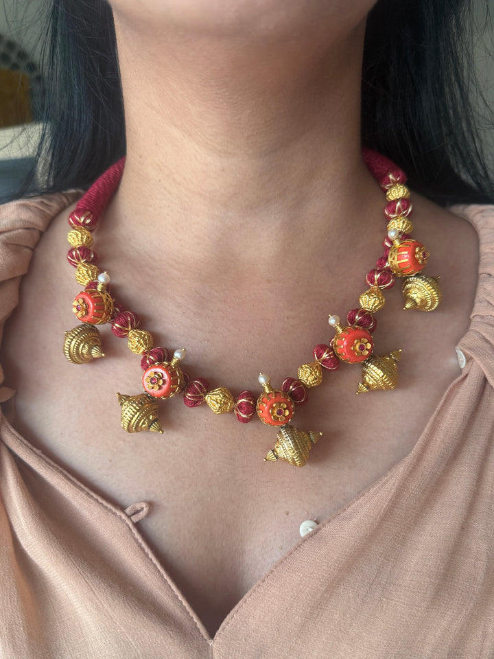 Handmade 925 Silver Carnelian Necklace with Gold Thread | Adjustable Dori Statement Jewelry