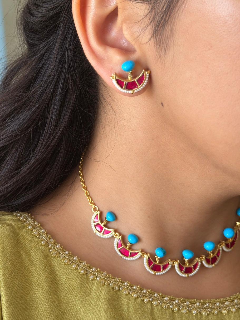Jadau Turquoise Moon and Pearl Choker Set