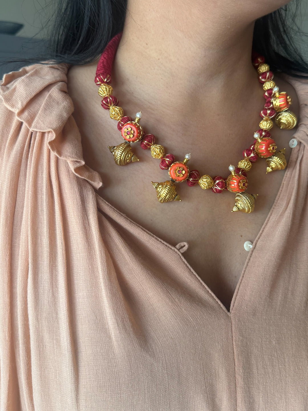 Handmade 925 Silver Carnelian Necklace with Gold Thread | Adjustable Dori Statement Jewelry