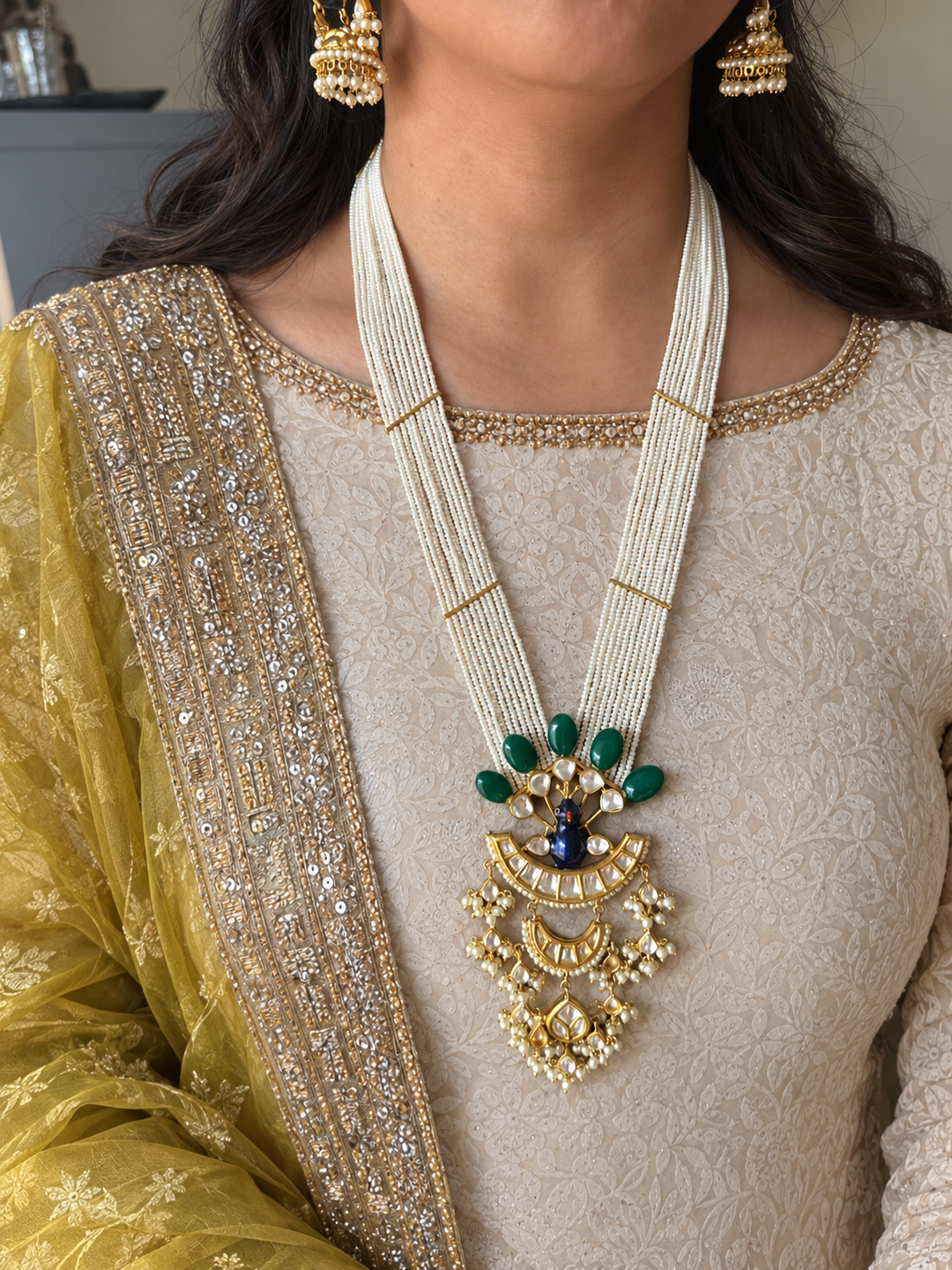 Peacock Kundan Polki and Green Onyx Pearl Mala Set