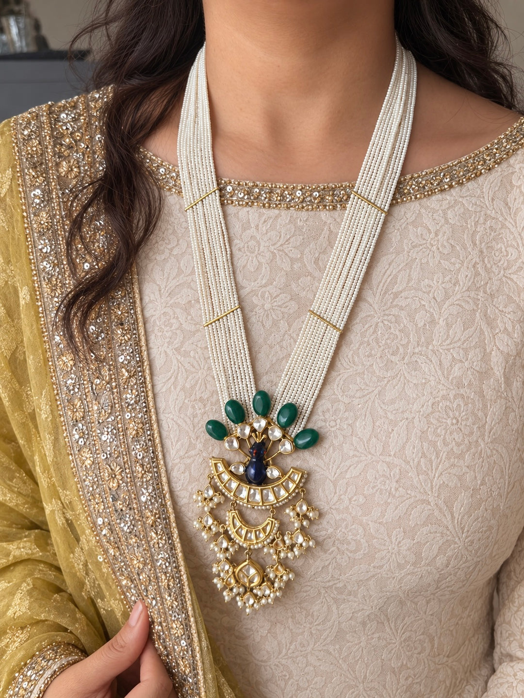 Peacock Kundan Polki and Green Onyx Pearl Mala Set
