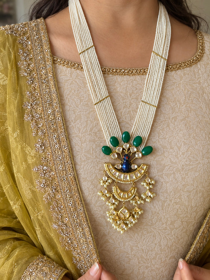 Peacock Kundan Polki and Green Onyx Pearl Mala Set
