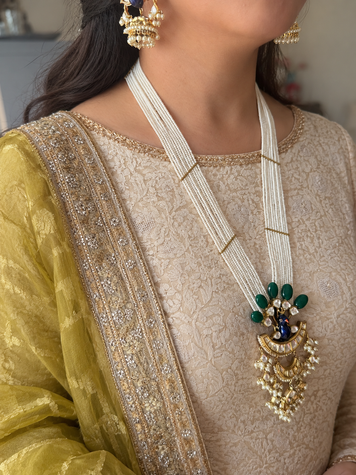 Peacock Kundan Polki and Green Onyx Pearl Mala Set