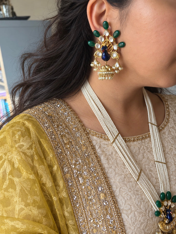 Peacock Kundan Polki and Green Onyx Pearl Mala Set