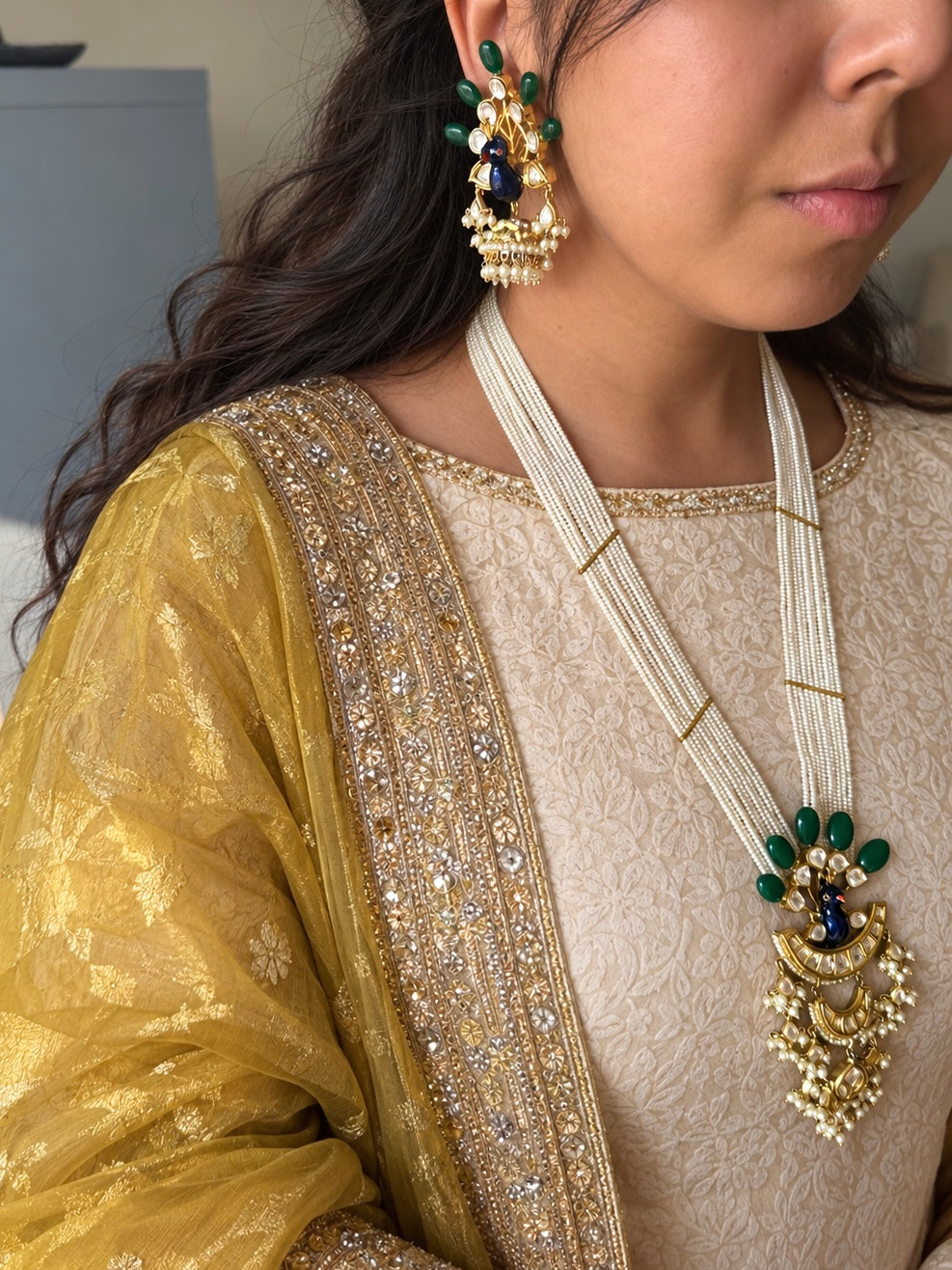 Peacock Kundan Polki and Green Onyx Pearl Mala Set