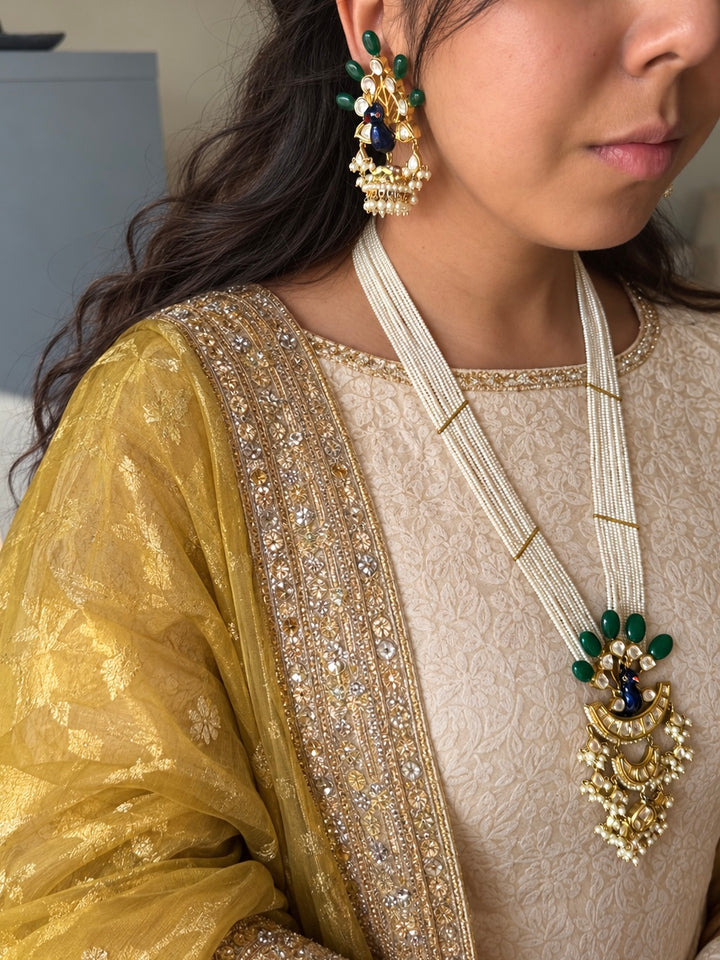 Peacock Kundan Polki and Green Onyx Pearl Mala Set