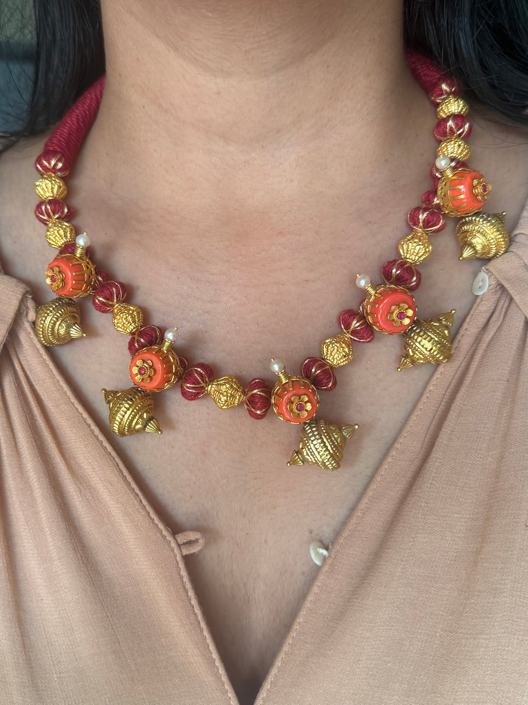 Handmade 925 Silver Carnelian Necklace with Gold Thread | Adjustable Dori Statement Jewelry