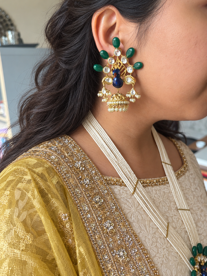 Peacock Kundan Polki and Green Onyx Pearl Mala Set