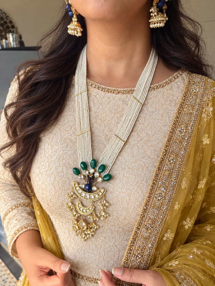 Peacock Kundan Polki and Green Onyx Pearl Mala Set