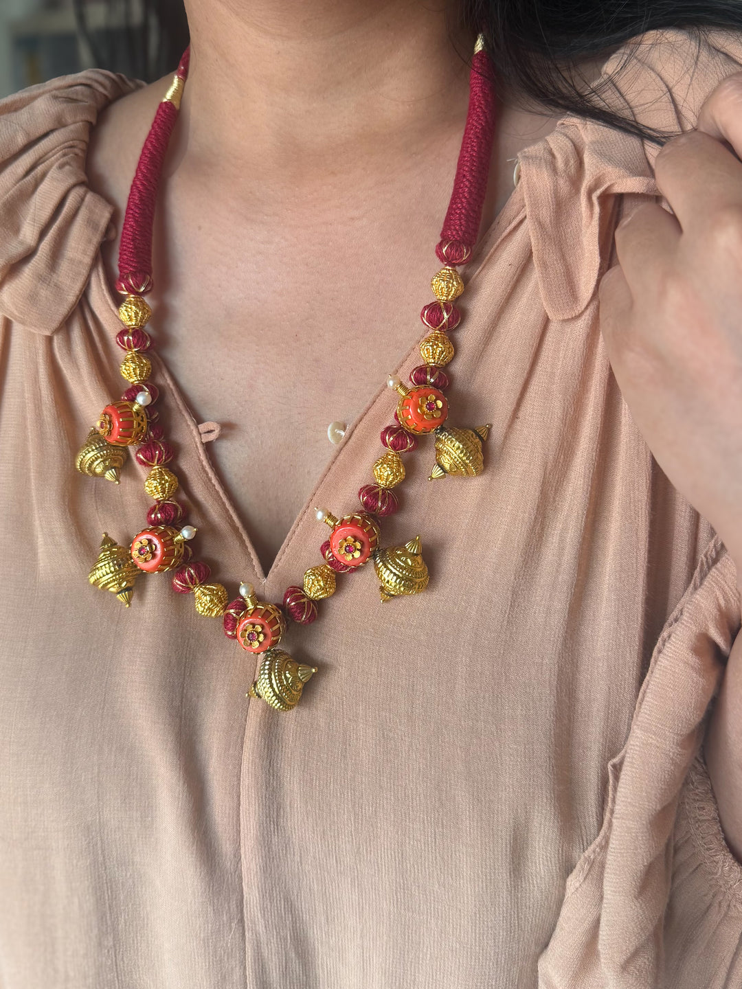 Handmade 925 Silver Carnelian Necklace with Gold Thread | Adjustable Dori Statement Jewelry