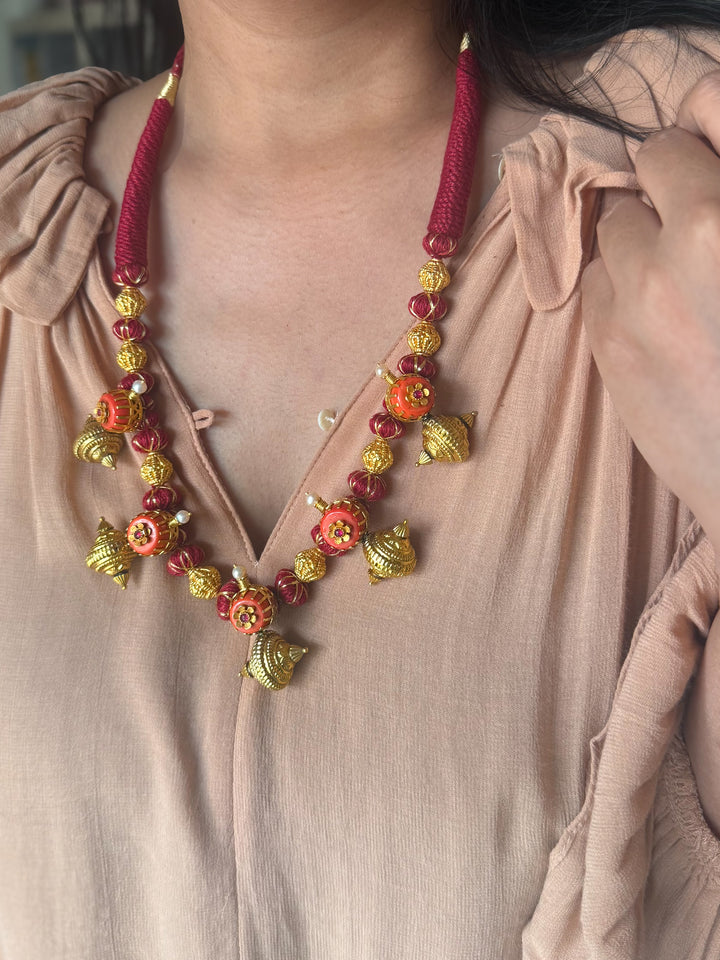 Handmade 925 Silver Carnelian Necklace with Gold Thread | Adjustable Dori Statement Jewelry