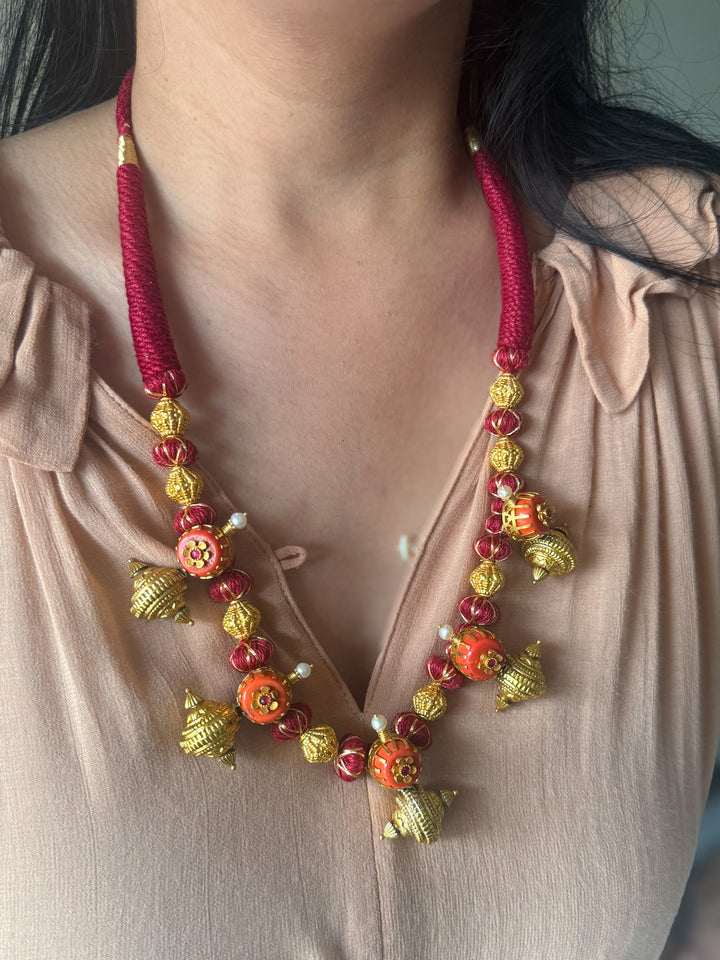 Handmade 925 Silver Carnelian Necklace with Gold Thread | Adjustable Dori Statement Jewelry