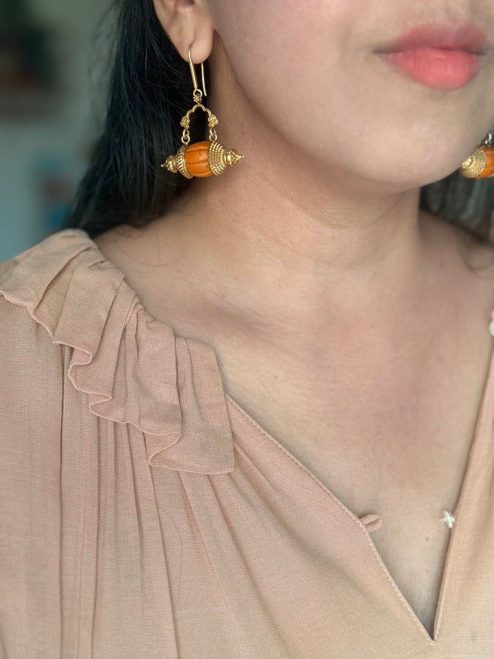 Handmade 925 Silver Dholki Carnelian Earrings | Antique Gold Polish Earwire Danglers