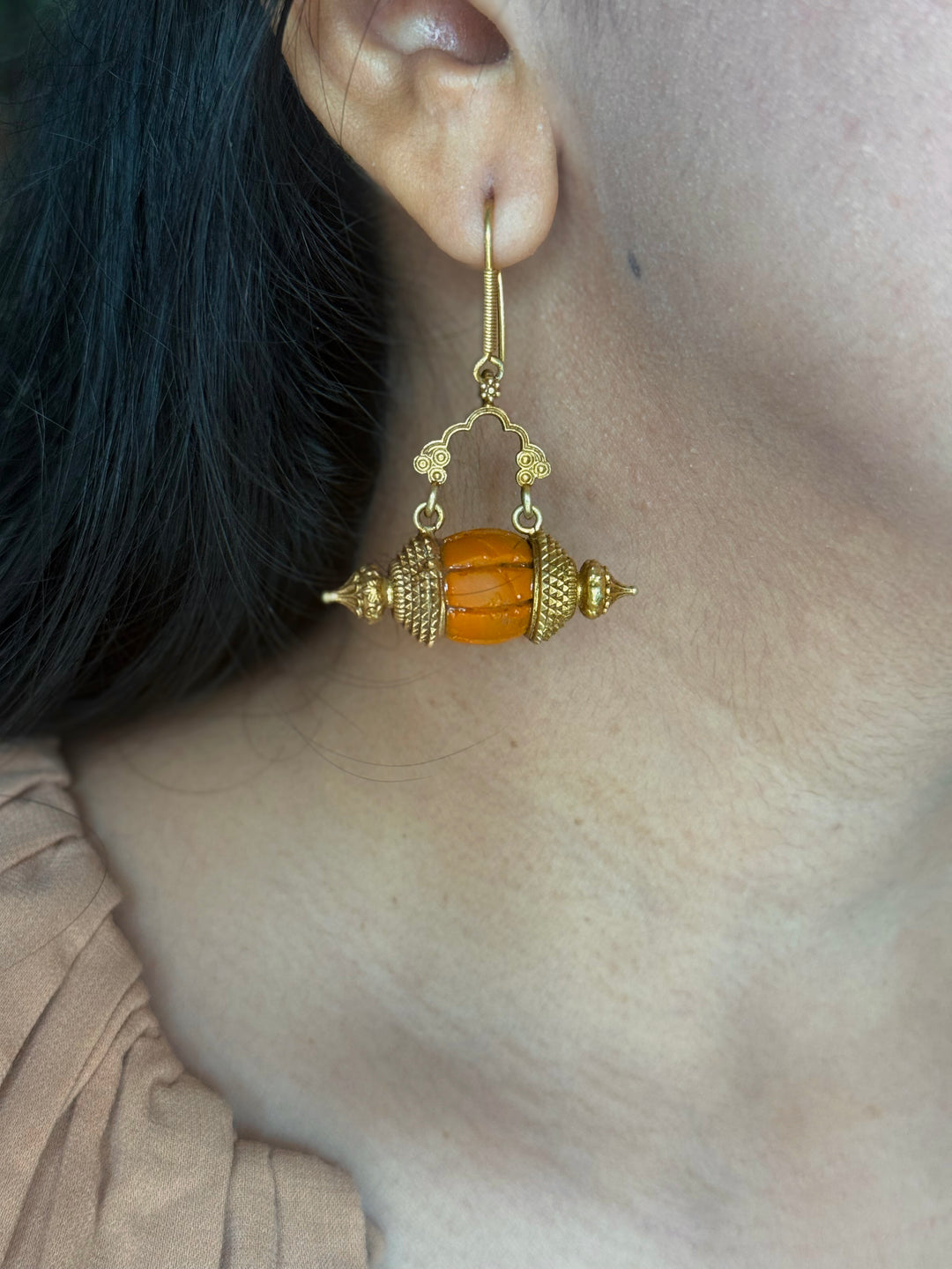 Handmade 925 Silver Dholki Carnelian Earrings | Antique Gold Polish Earwire Danglers