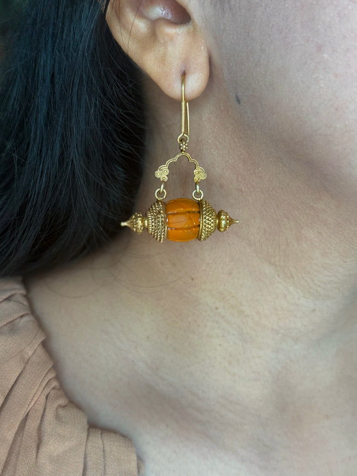 Handmade 925 Silver Dholki Carnelian Earrings | Antique Gold Polish Earwire Danglers