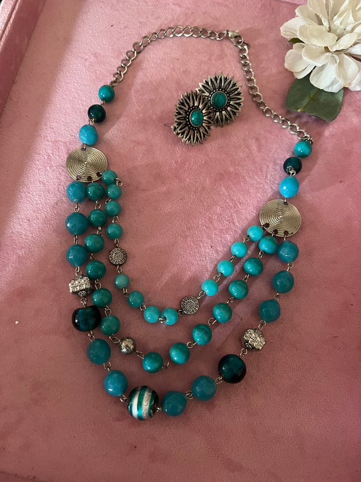 Elegant Blue & Silver Beaded Necklace with Statement Studs