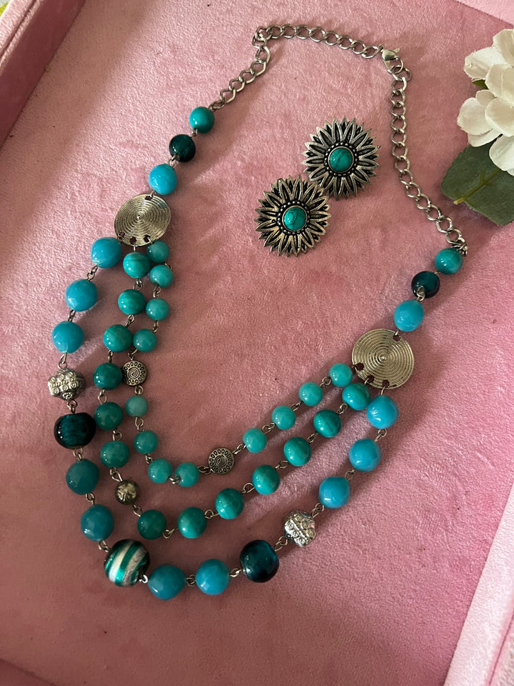 Elegant Blue & Silver Beaded Necklace with Statement Studs