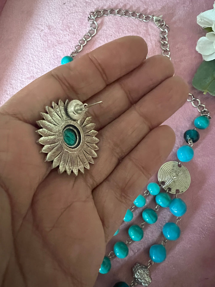 Elegant Blue & Silver Beaded Necklace with Statement Studs