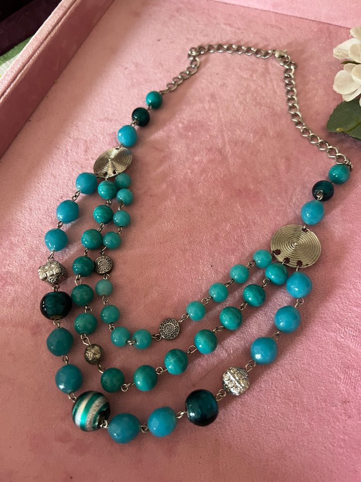 Elegant Blue & Silver Beaded Necklace with Statement Studs
