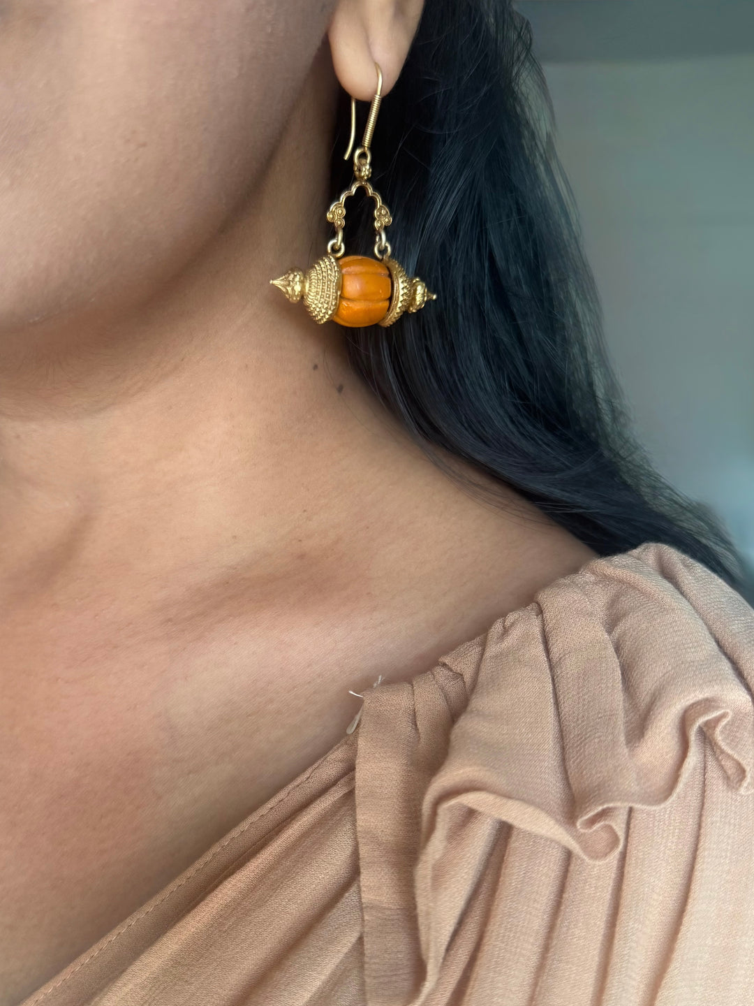 Handmade 925 Silver Dholki Carnelian Earrings | Antique Gold Polish Earwire Danglers