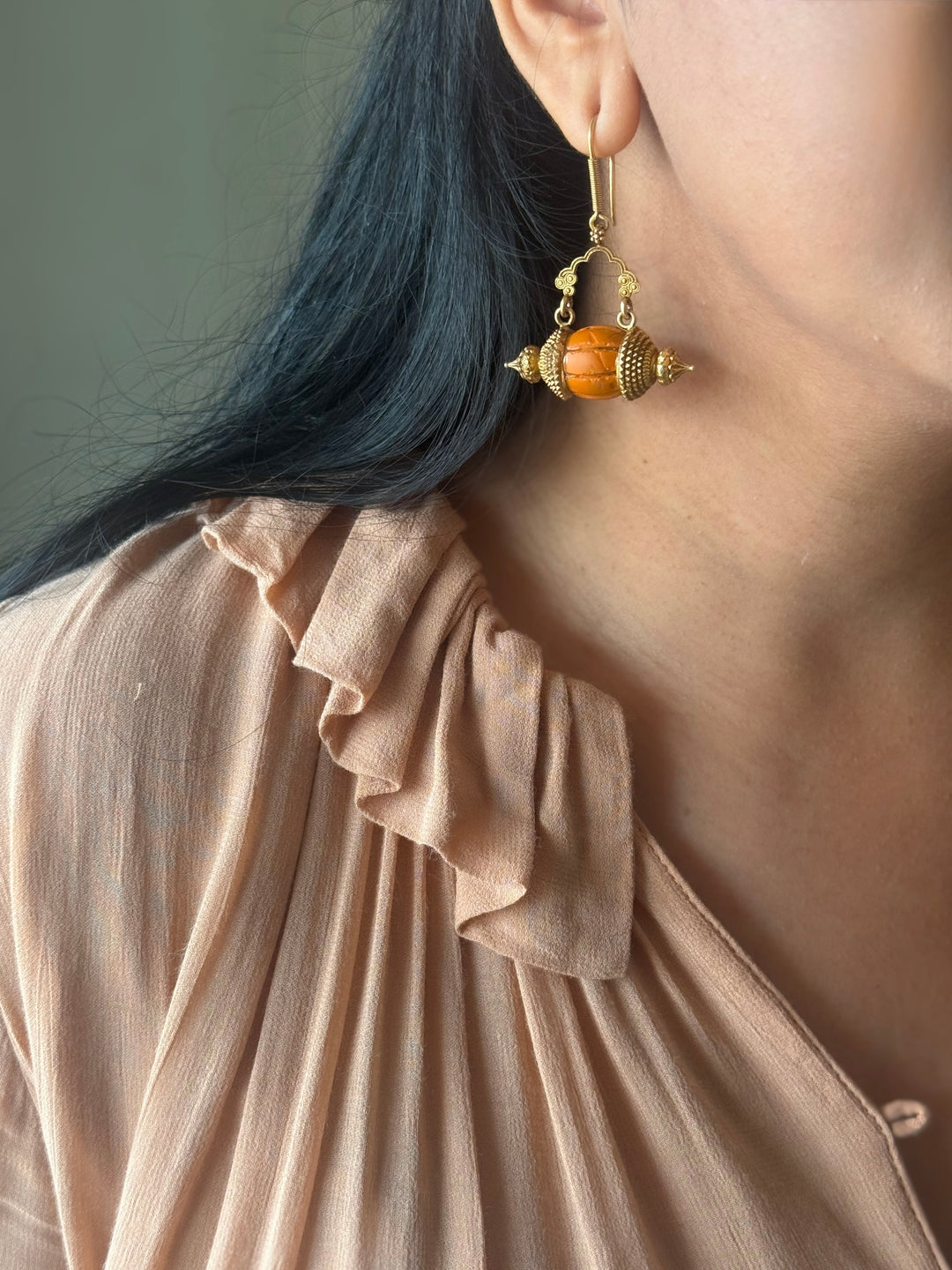 Handmade 925 Silver Dholki Carnelian Earrings | Antique Gold Polish Earwire Danglers