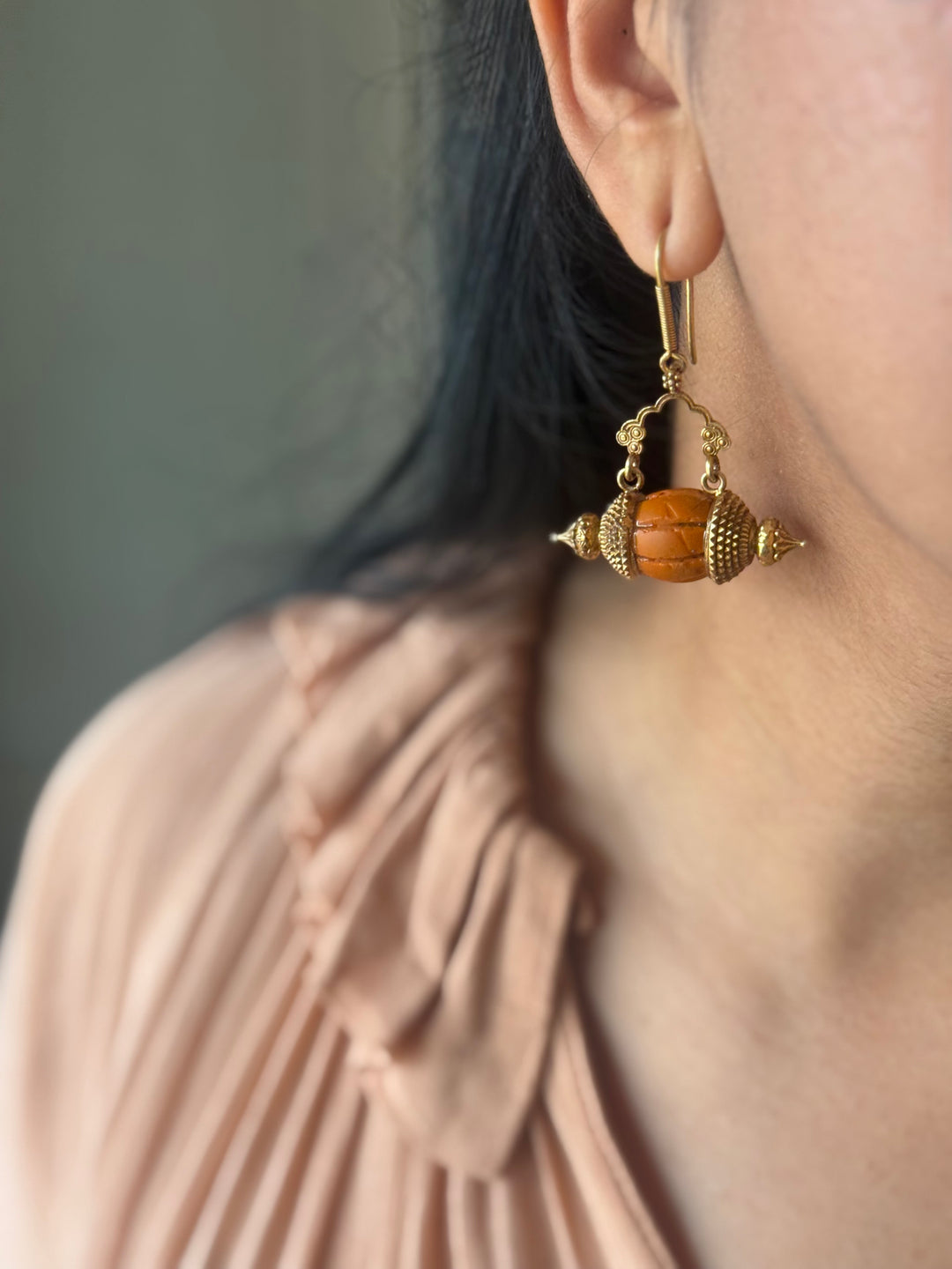 Handmade 925 Silver Dholki Carnelian Earrings | Antique Gold Polish Earwire Danglers