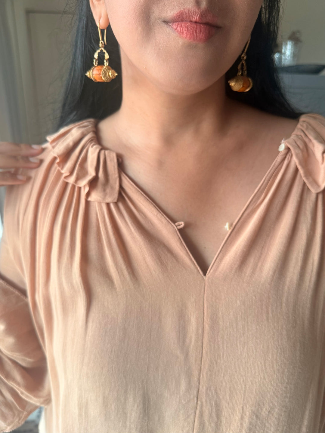 Handmade 925 Silver Dholki Carnelian Earrings | Antique Gold Polish Earwire Danglers