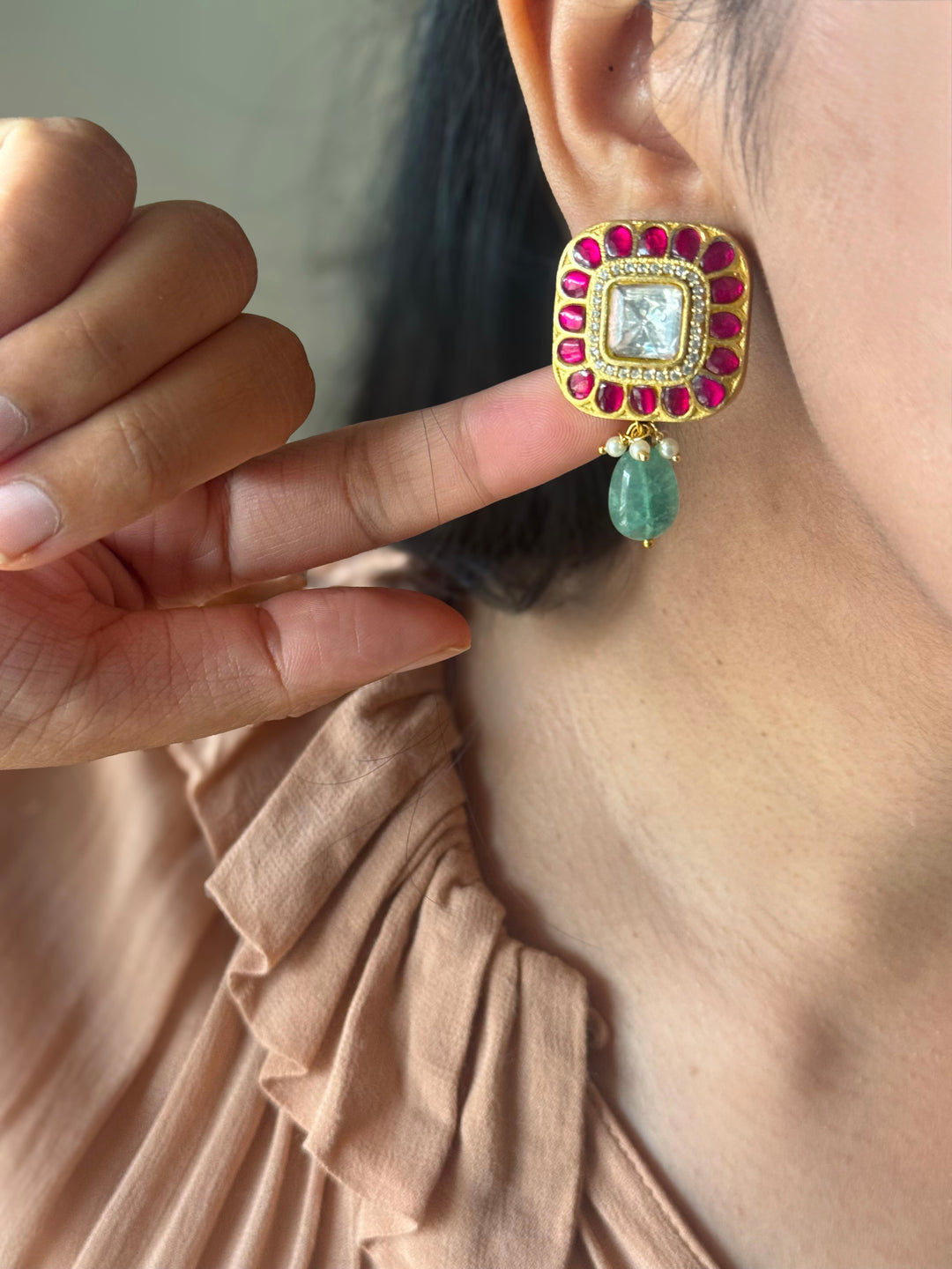 Elegant Ruby Polki Kundan 925 Silver Earrings