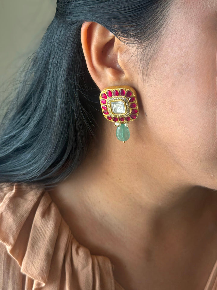 Elegant Ruby Polki Kundan 925 Silver Earrings