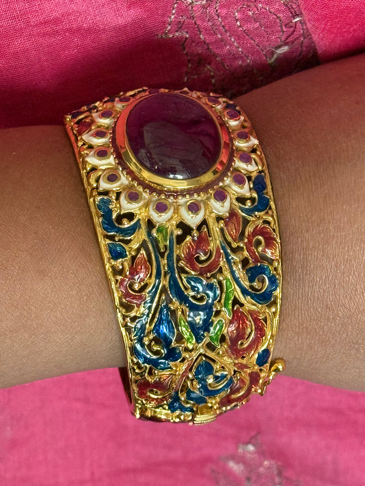 925 Silver Natural Ruby Oval Stone Kada by SHIVKA, Gold Plated Bikaner Artisanal Enamel Bangle