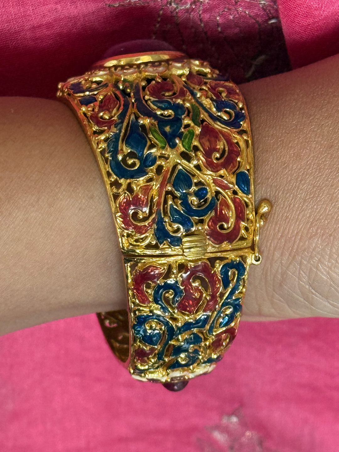 925 Silver Natural Ruby Oval Stone Kada by SHIVKA, Gold Plated Bikaner Artisanal Enamel Bangle