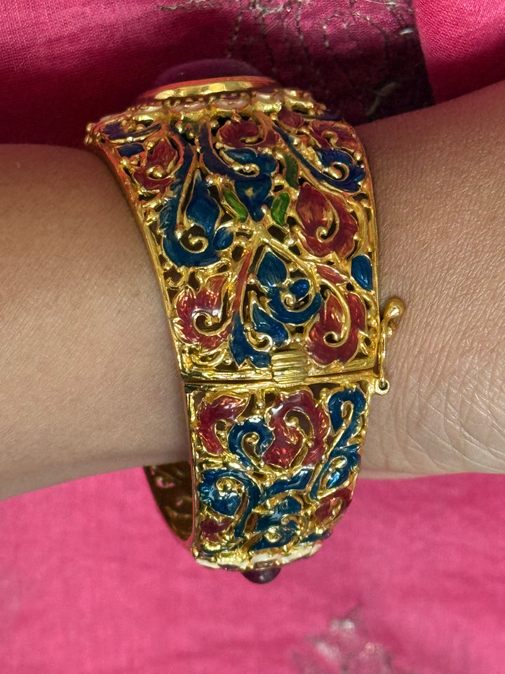 925 Silver Natural Ruby Oval Stone Kada by SHIVKA, Gold Plated Bikaner Artisanal Enamel Bangle