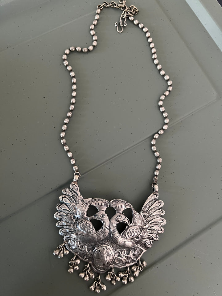 Twin Peacocks Antique Brass Necklace