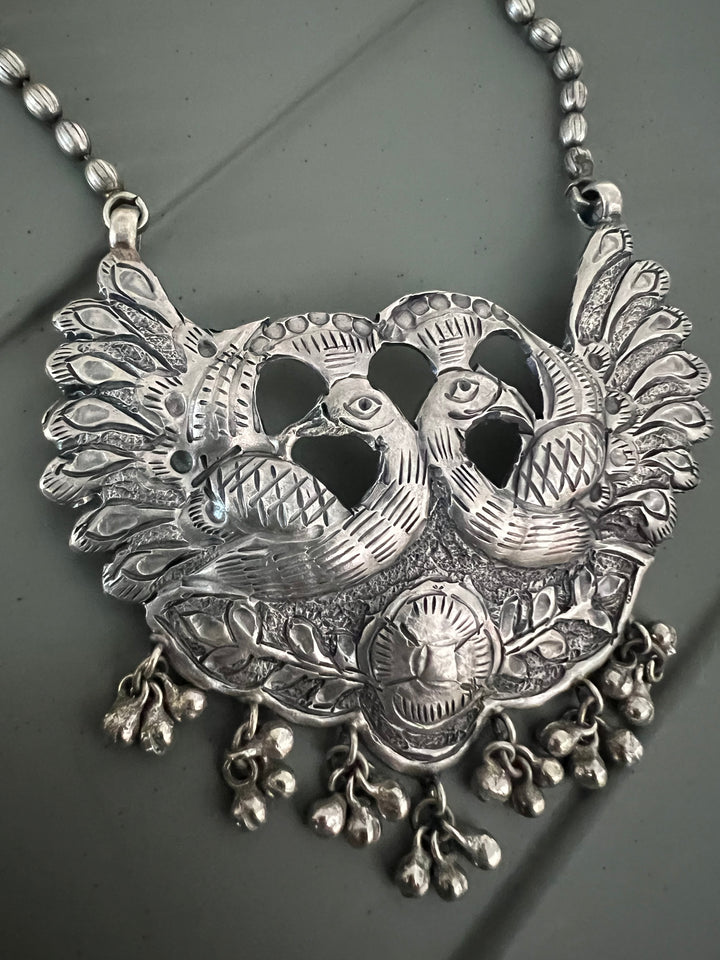 Twin Peacocks Antique Brass Necklace