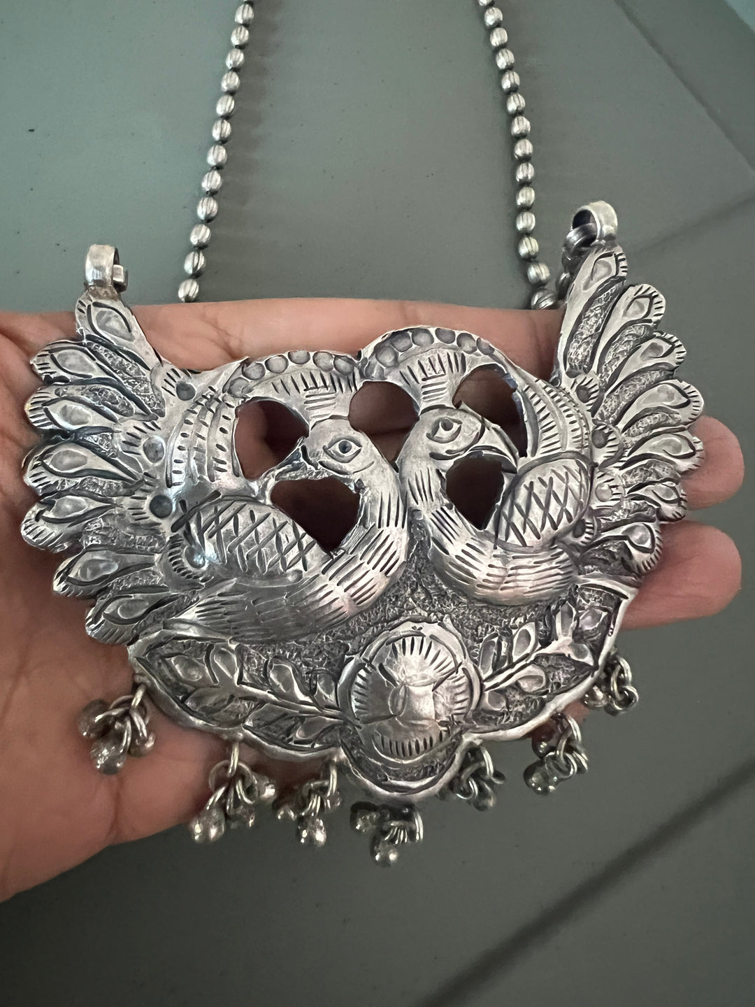 Twin Peacocks Antique Brass Necklace