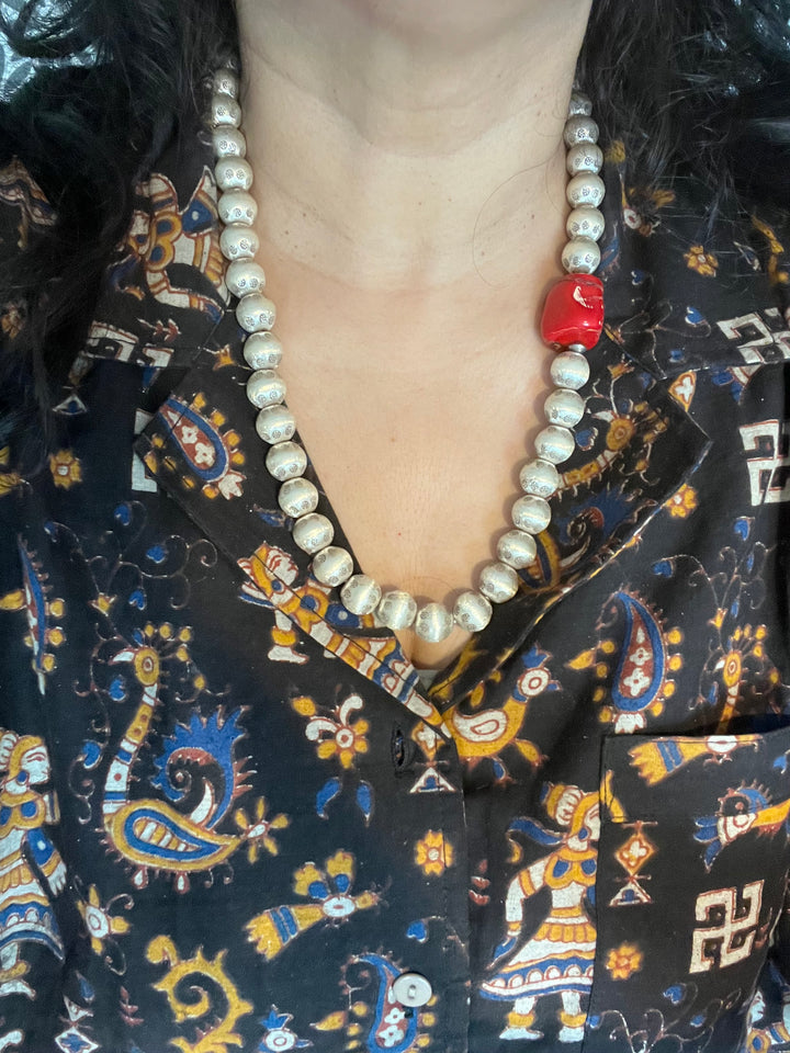 Statement Pure Silver Necklace with Natural Coral Stone