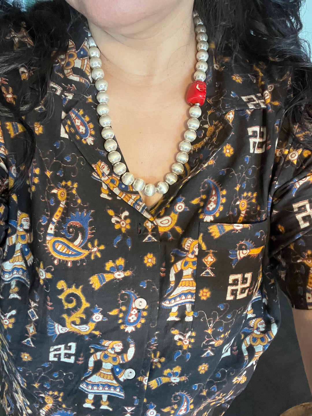 Statement Pure Silver Necklace with Natural Coral Stone