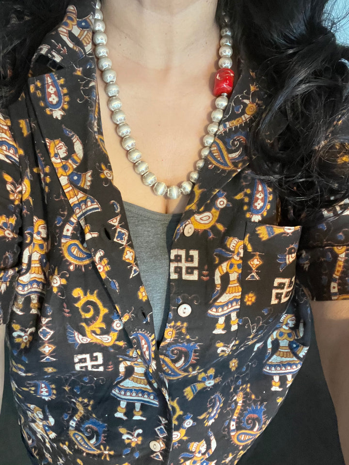 Statement Pure Silver Necklace with Natural Coral Stone