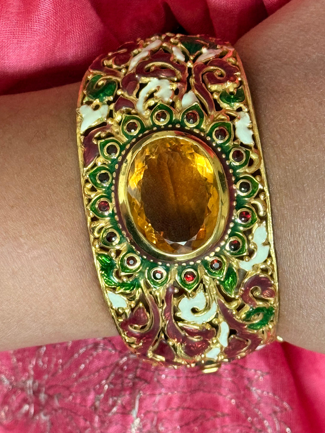 SHIVKA 925 Silver Meenakari Kada | Natural Topaz Stone | Gold Plated | Openable | 60g